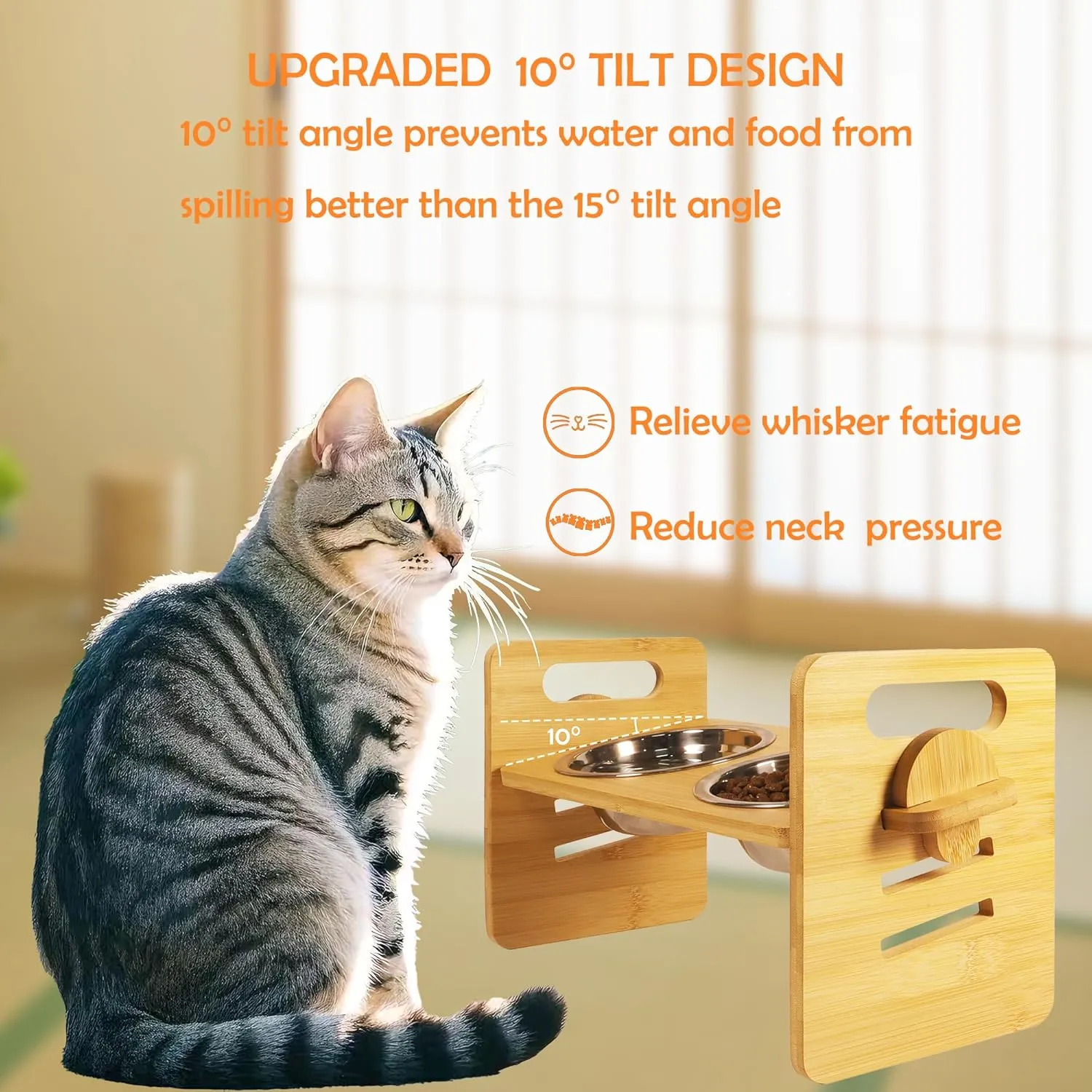 10 Elevated Cat Bowls for Food and Water Set Raised Cats Dishes for Indoor 3 Different Heights Bamboo Cats Feeding Stand Anti Whisker Fatigue for Cat and Puppy (1Pcs Bamboo, 2Bowls)
