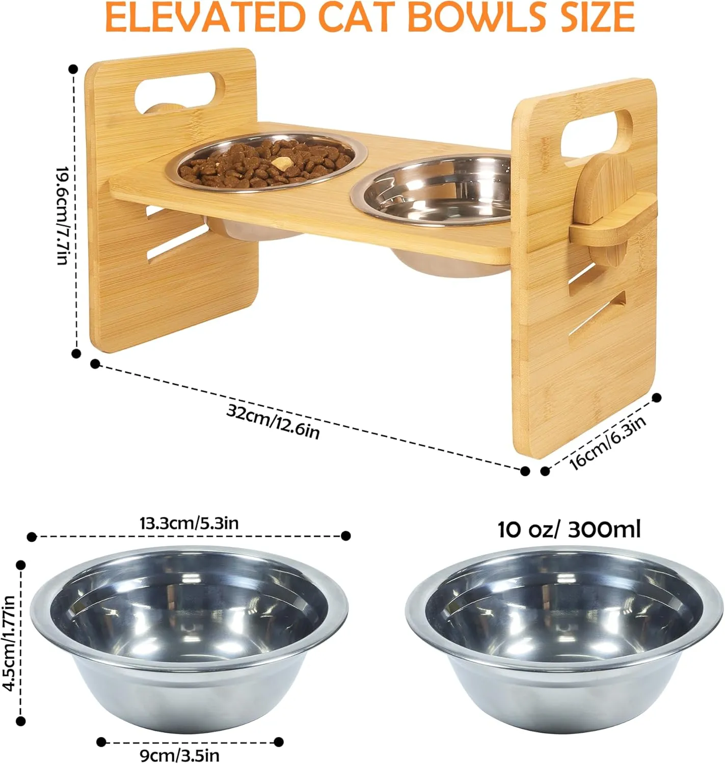 10 Elevated Cat Bowls for Food and Water Set Raised Cats Dishes for Indoor 3 Different Heights Bamboo Cats Feeding Stand Anti Whisker Fatigue for Cat and Puppy (1Pcs Bamboo, 2Bowls)