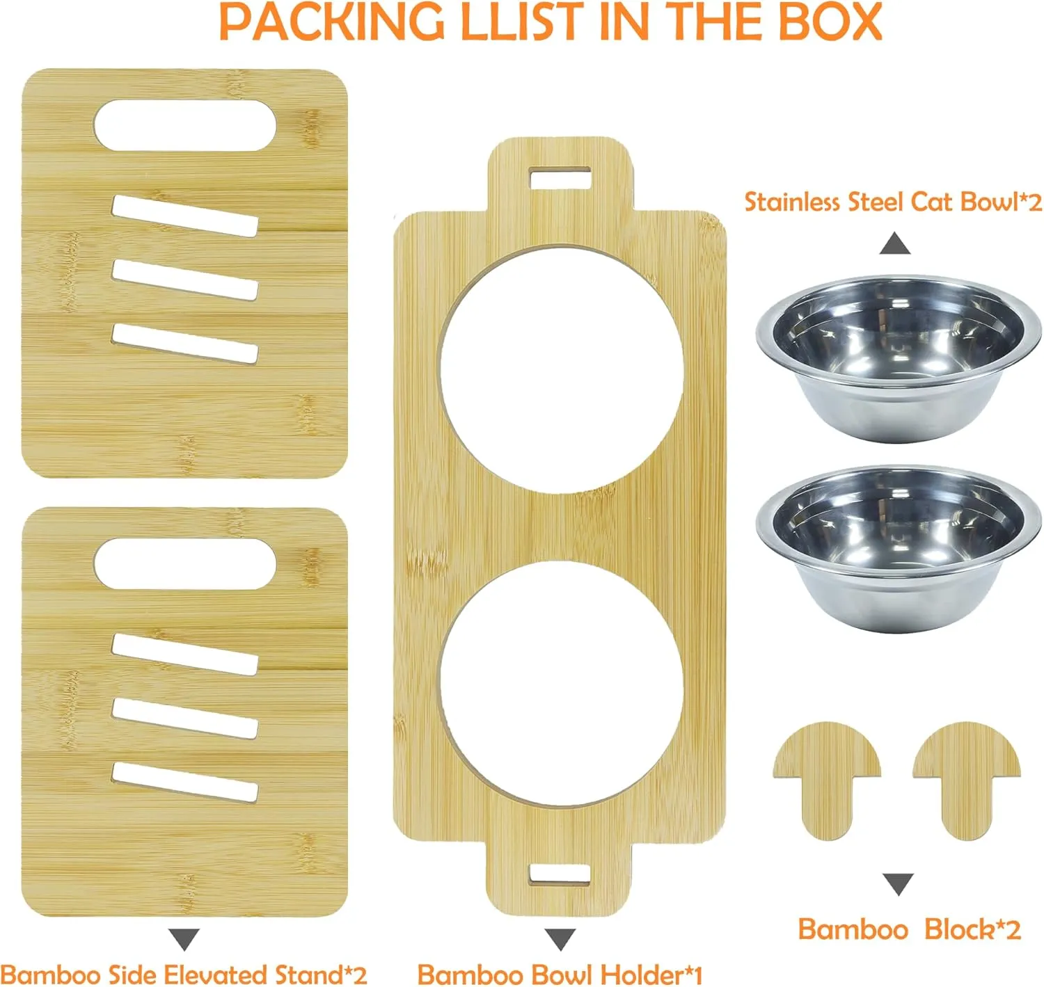 10 Elevated Cat Bowls for Food and Water Set Raised Cats Dishes for Indoor 3 Different Heights Bamboo Cats Feeding Stand Anti Whisker Fatigue for Cat and Puppy (1Pcs Bamboo, 2Bowls)