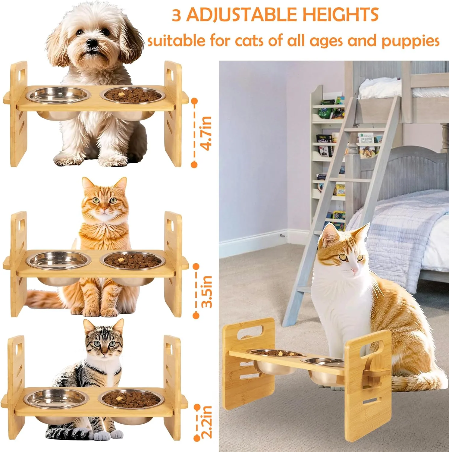 10 Elevated Cat Bowls for Food and Water Set Raised Cats Dishes for Indoor 3 Different Heights Bamboo Cats Feeding Stand Anti Whisker Fatigue for Cat and Puppy (1Pcs Bamboo, 2Bowls)