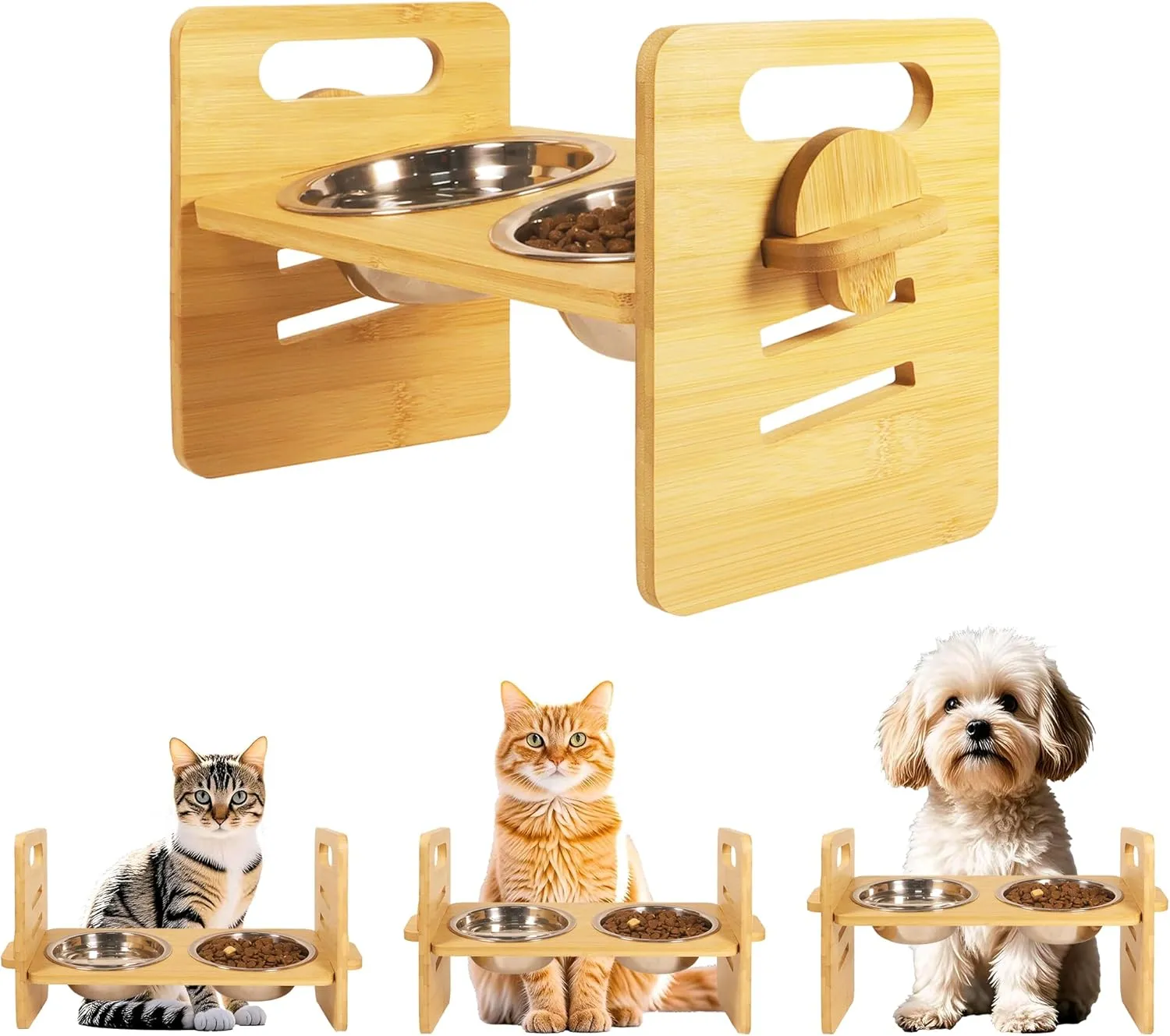 10 Elevated Cat Bowls for Food and Water Set Raised Cats Dishes for Indoor 3 Different Heights Bamboo Cats Feeding Stand Anti Whisker Fatigue for Cat and Puppy (1Pcs Bamboo, 2Bowls)