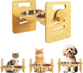10 Elevated Cat Bowls for Food and Water Set Raised Cats Dishes for Indoor 3 Different Heights Bamboo Cats Feeding Stand Anti Whisker Fatigue for Cat and Puppy (1Pcs Bamboo, 2Bowls)