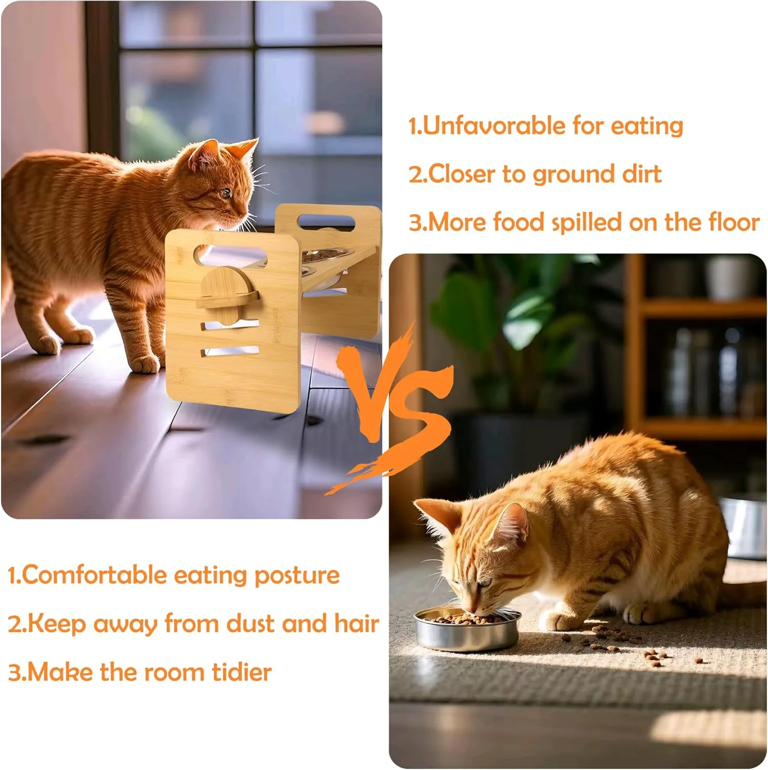 10 Elevated Cat Bowls for Food and Water Set Raised Cats Dishes for Indoor 3 Different Heights Bamboo Cats Feeding Stand Anti Whisker Fatigue for Cat and Puppy (1Pcs Bamboo, 2Bowls)