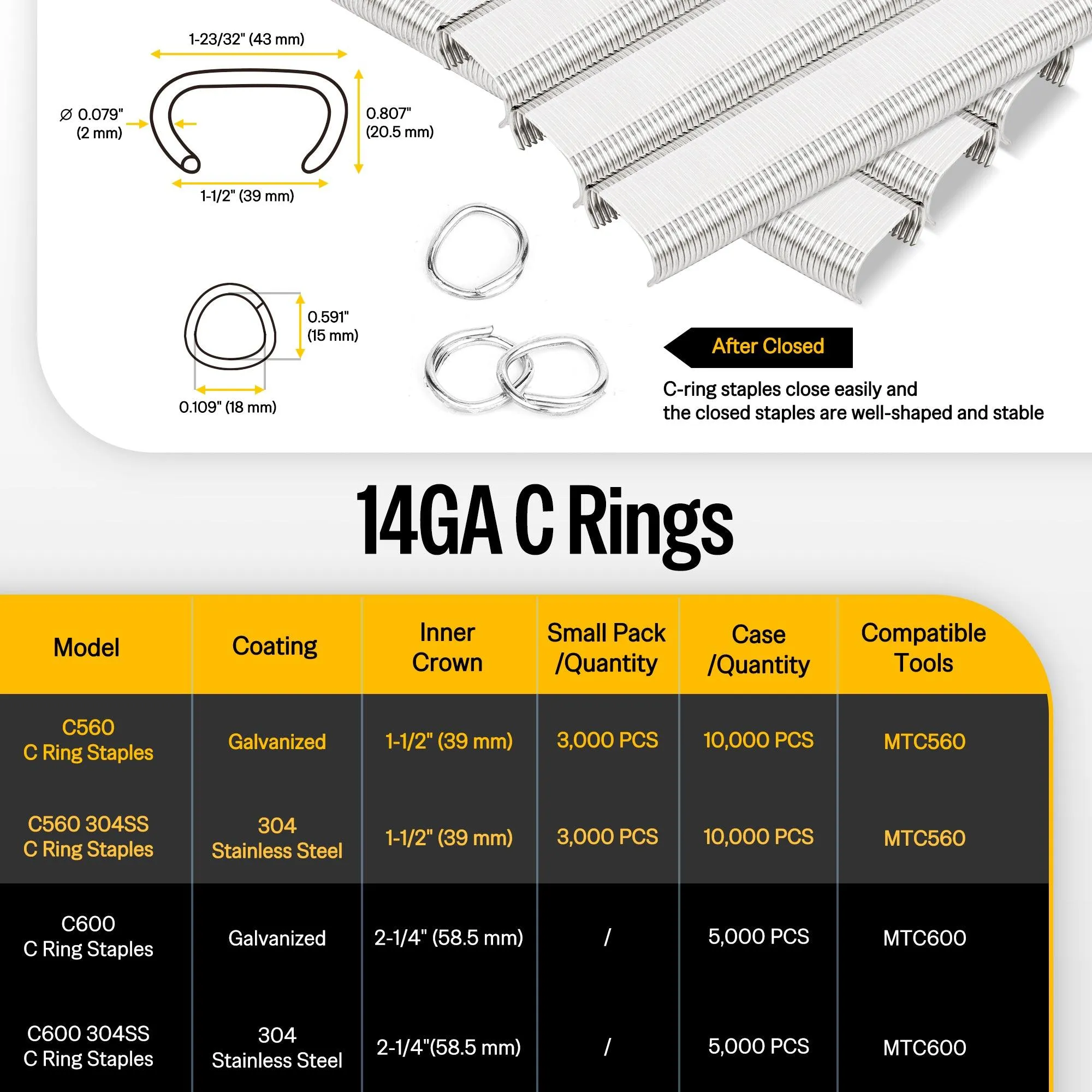 14 Gauge 1-1/2" Crown Hog Rings - Galvanized/304 Stainless Steel