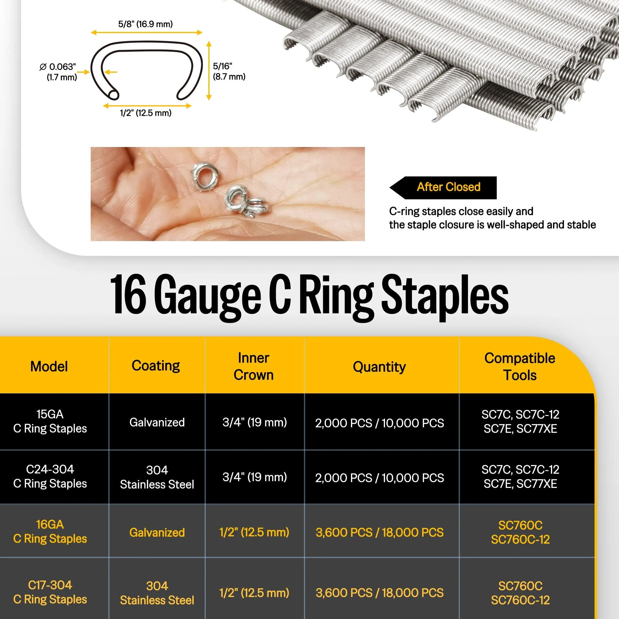 16 Gauge Stainless Steel C Rings - 1/2" Inner Crown