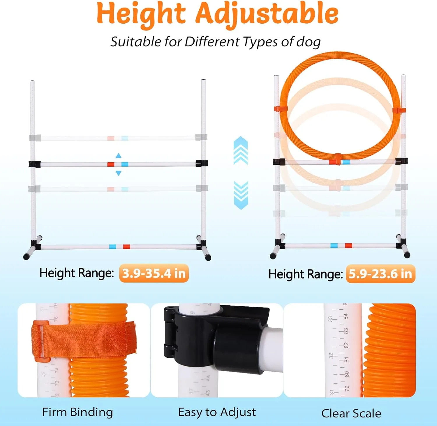 3 Piece Dog Agility Course Backyard Set, Agility Training Equipment for Dogs, Dog Agility Equipment with Weave Poles, Adjustable High Hurdles, Dog Hoop and Storage Bag