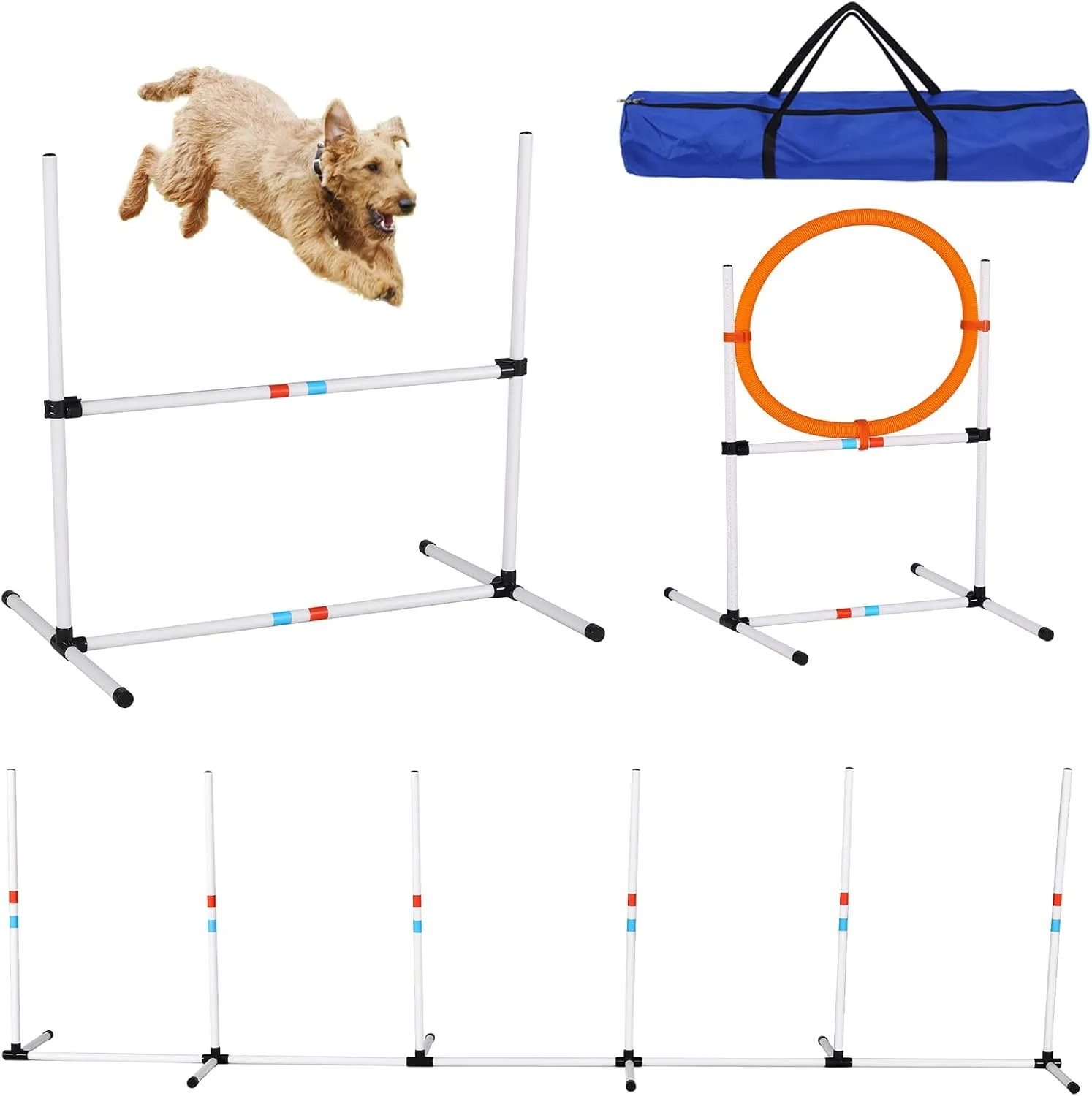 3 Piece Dog Agility Course Backyard Set, Agility Training Equipment for Dogs, Dog Agility Equipment with Weave Poles, Adjustable High Hurdles, Dog Hoop and Storage Bag