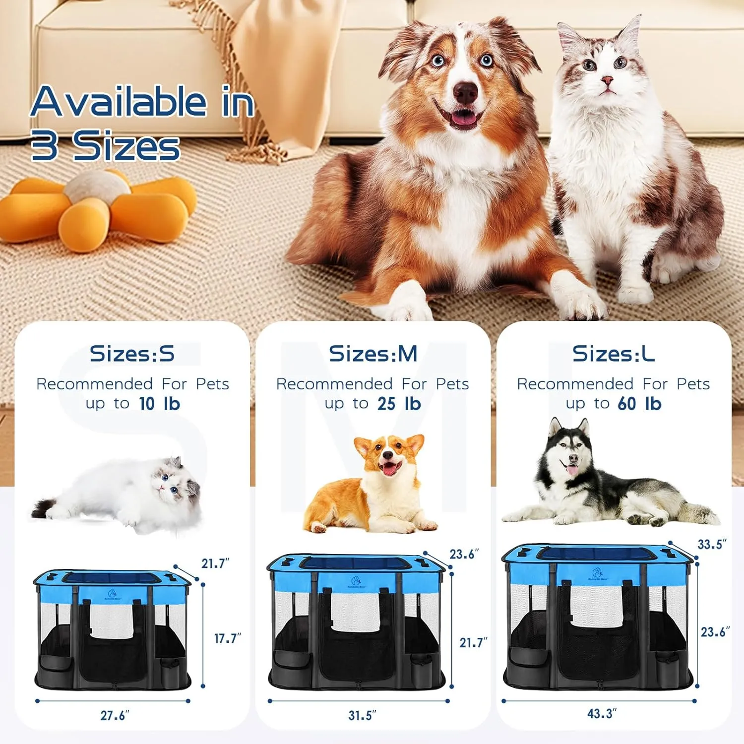 44x34x24 Inches Dog Playpen,Pet Playpen,Foldable Puppy Cat Playpen,Portable Exercise Kennel Tent Crate,Water-Resistant Breathable Shade Cover,Indoor Outdoor Travel Camping Use for Small Animals(L)