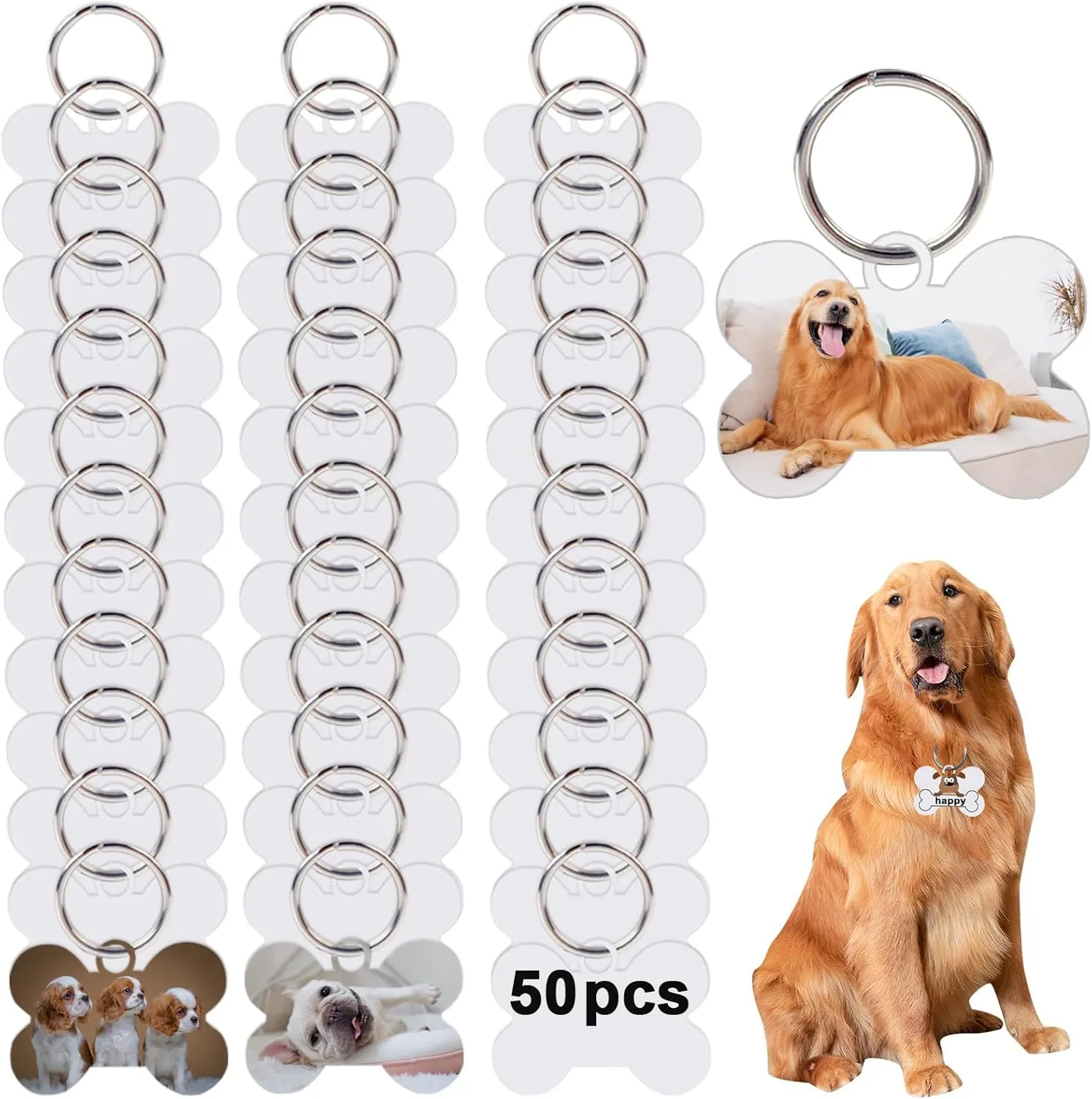50 Pcs Sublimation Blank Dog Tags Bone Shaped DIY Double Sided Aluminum Dog ID Tags Bone Shaped Pet Name Tags Dog Collar Tags with Dogs and Cats