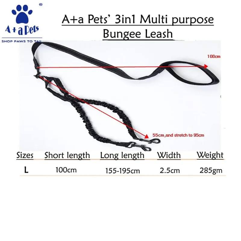A a Pets' 3in1 Multi Purpose Bungee Leash to walk 2 Dogs- Green