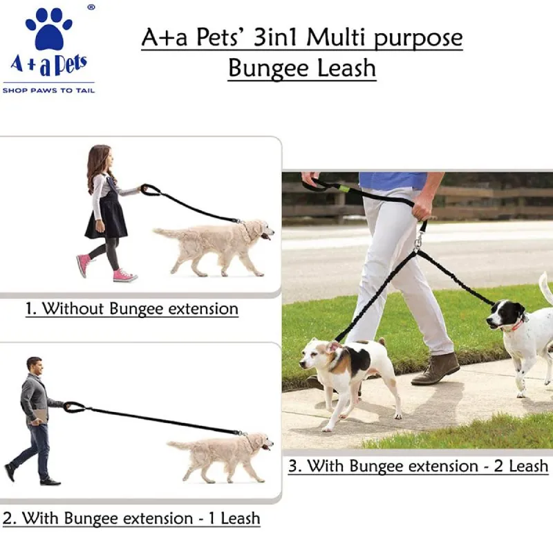 A a Pets' 3in1 Multi Purpose Bungee Leash to walk 2 Dogs- Green