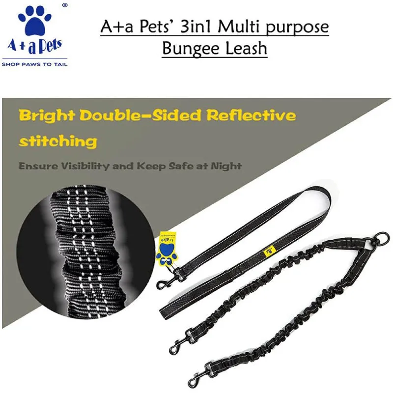 A a Pets' 3in1 Multi Purpose Bungee Leash to walk 2 Dogs- Green