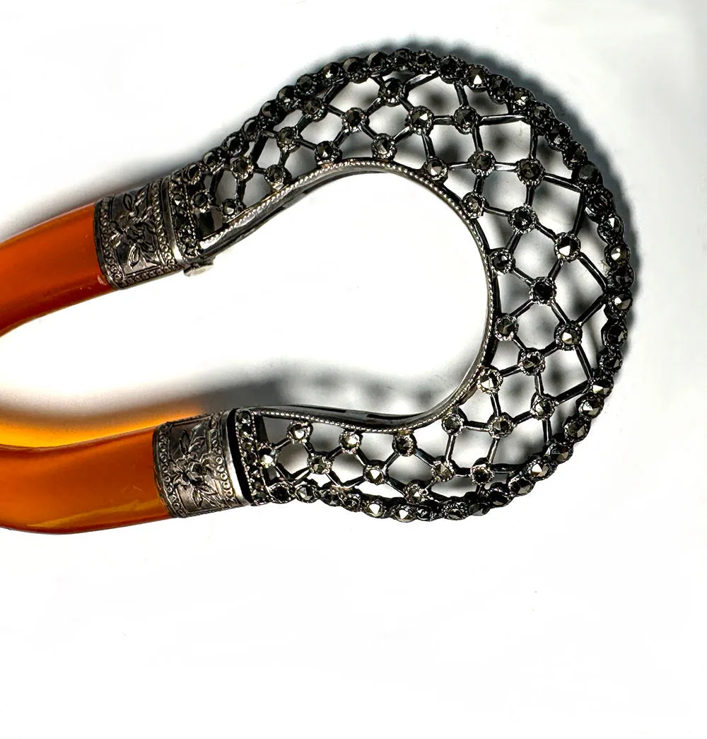 Antique French Cut Steel Hair Ornament #4, Tiara, Hinged to Blond Tortoise Shell Comb, c.1820s