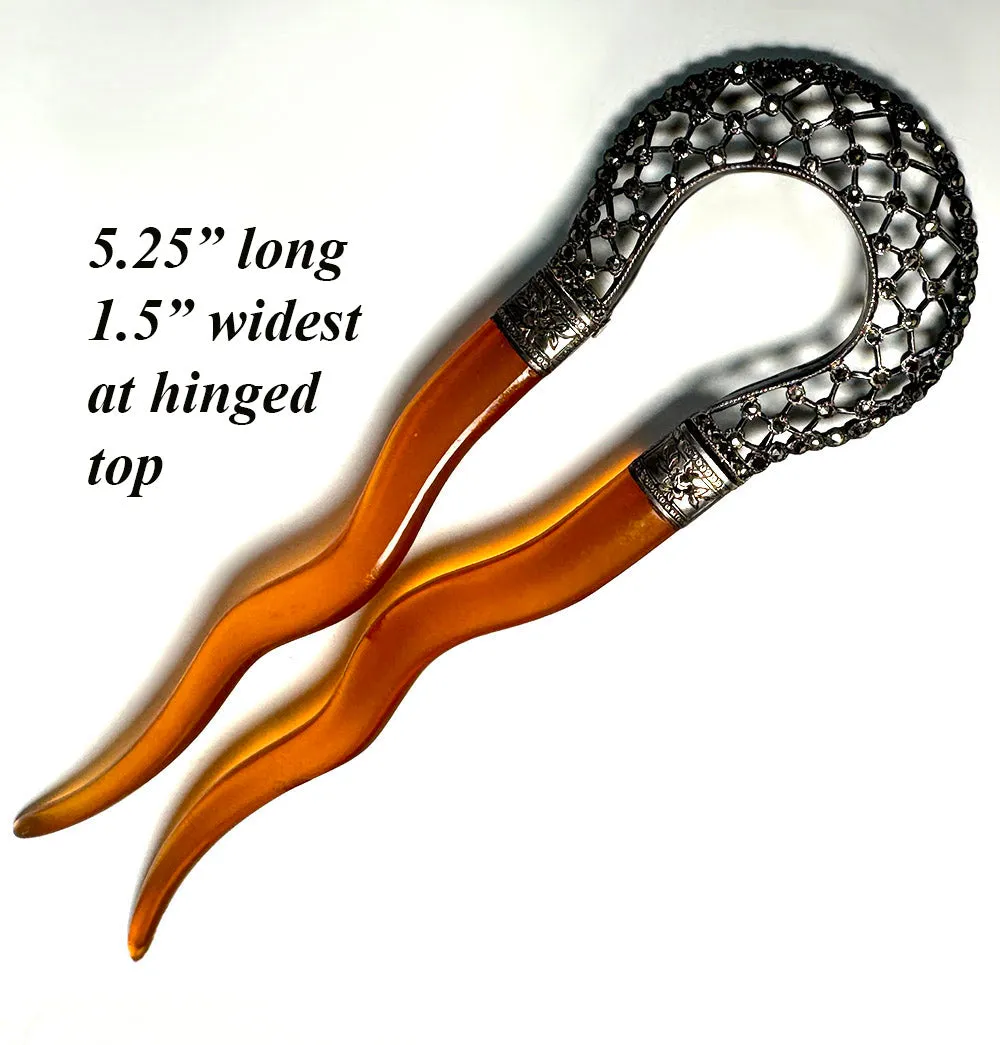Antique French Cut Steel Hair Ornament #4, Tiara, Hinged to Blond Tortoise Shell Comb, c.1820s