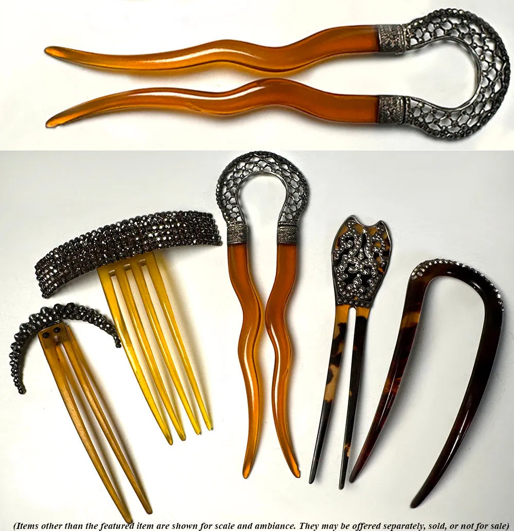 Antique French Cut Steel Hair Ornament #4, Tiara, Hinged to Blond Tortoise Shell Comb, c.1820s