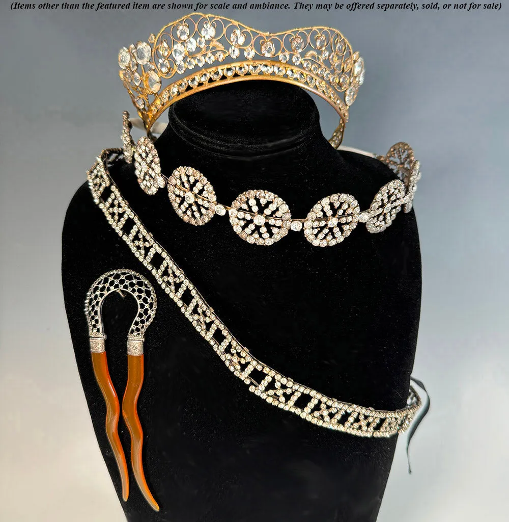 Antique French Cut Steel Hair Ornament #4, Tiara, Hinged to Blond Tortoise Shell Comb, c.1820s