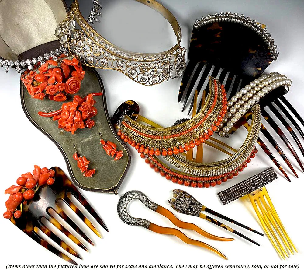 Antique French Cut Steel Hair Ornament #4, Tiara, Hinged to Blond Tortoise Shell Comb, c.1820s