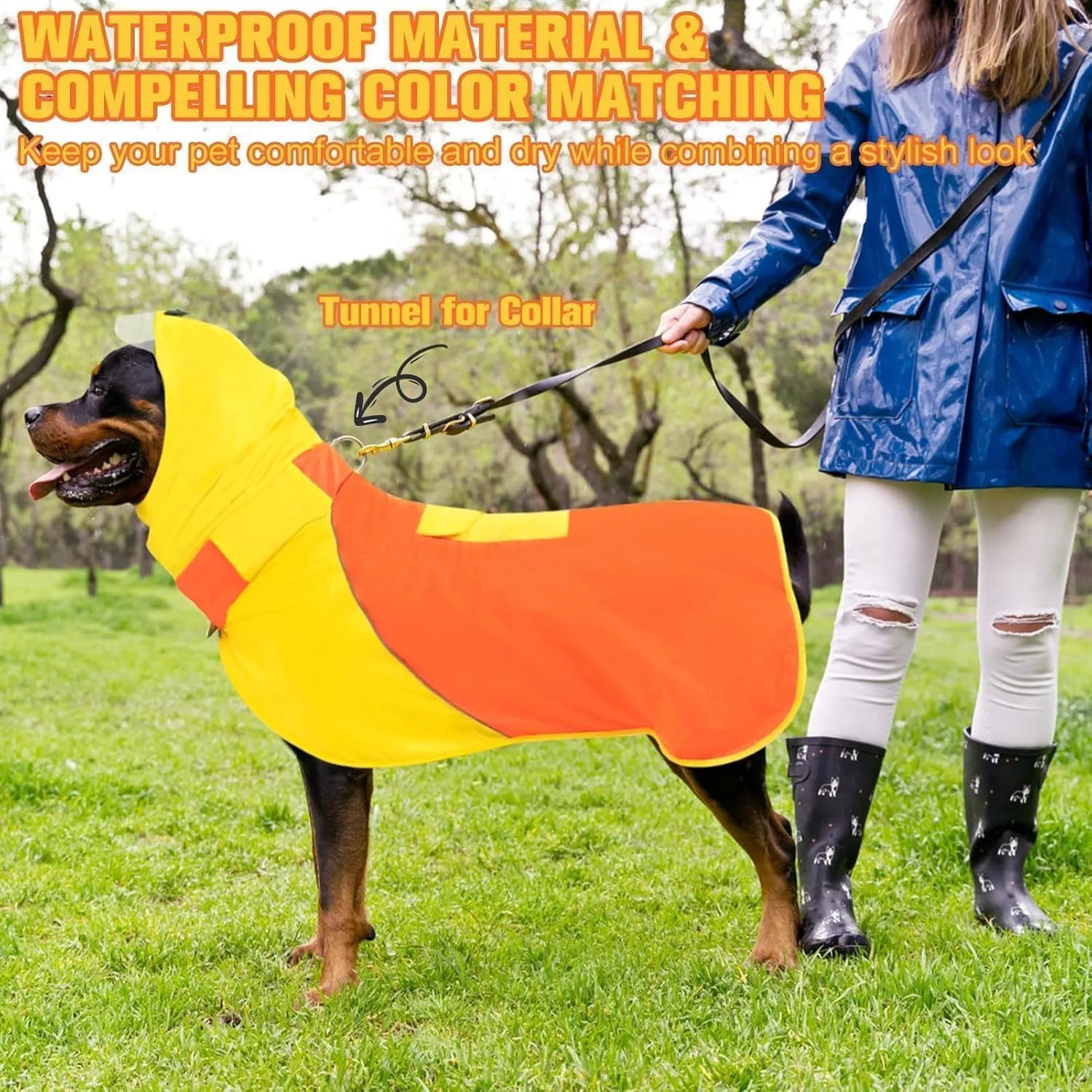 BINGPET Dog Raincoat & Jacket, Waterproof & Snowproof, Adjustable with Reflective Strips, Yellow-Orange, XL