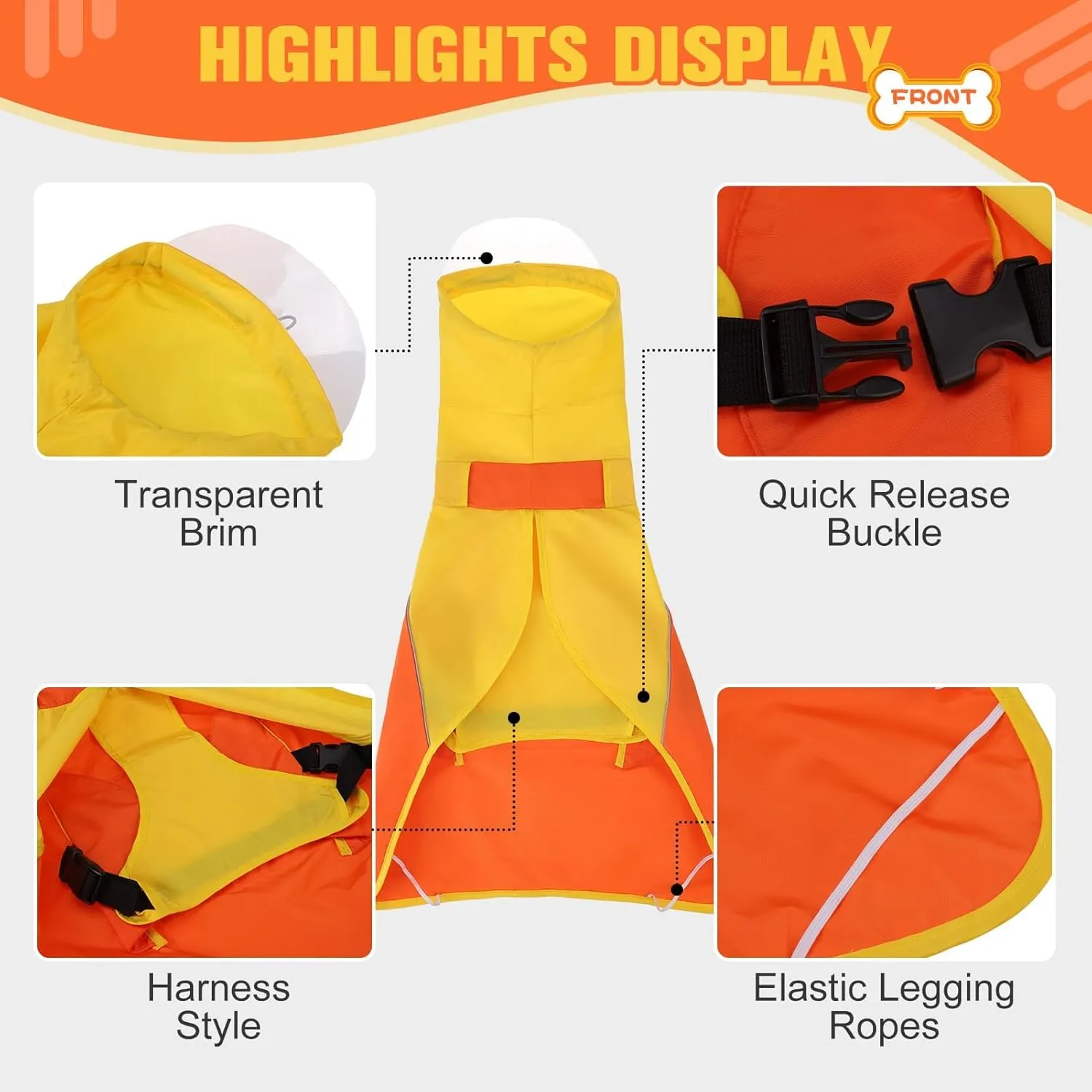 BINGPET Dog Raincoat & Jacket, Waterproof & Snowproof, Adjustable with Reflective Strips, Yellow-Orange, XL