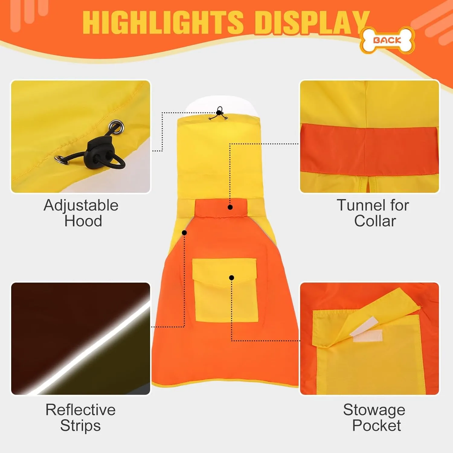 BINGPET Dog Raincoat & Jacket, Waterproof & Snowproof, Adjustable with Reflective Strips, Yellow-Orange, XL