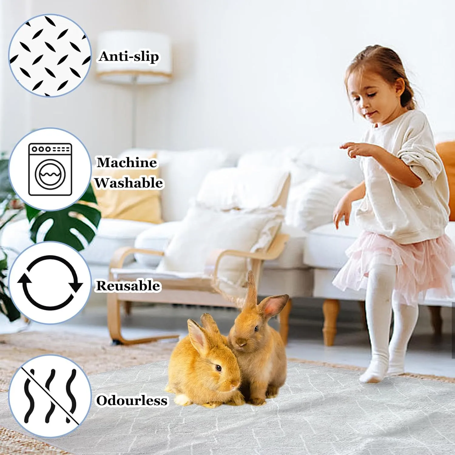 BNOSDM 91x63In Rabbit Cage Liner Extra Large Washable Bunny Mats Reusable Floor Protect Rug with Anti Slip Bottom Pet Dog Playpen Pad for Rabbit Puppy Guinea Pig Ferret, Grey