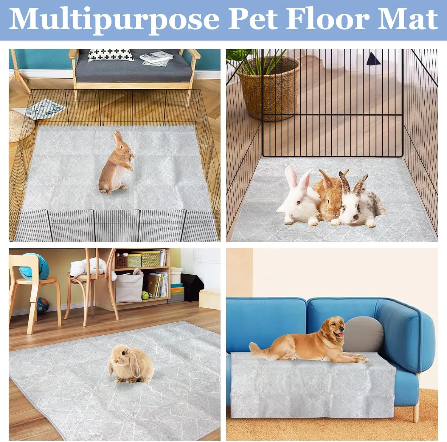 BNOSDM 91x63In Rabbit Cage Liner Extra Large Washable Bunny Mats Reusable Floor Protect Rug with Anti Slip Bottom Pet Dog Playpen Pad for Rabbit Puppy Guinea Pig Ferret, Grey