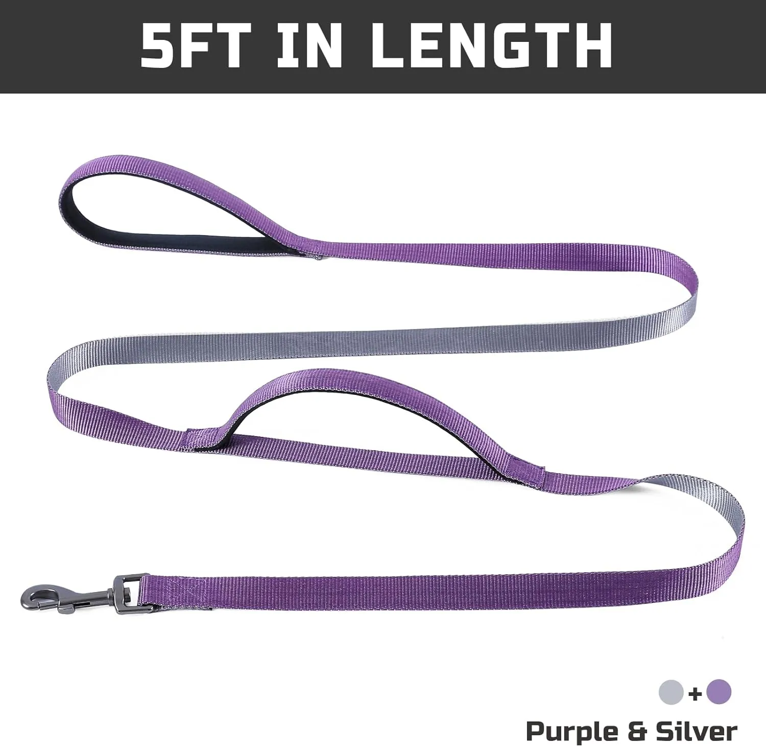 Bolux 5ft Dog Leash Heavy Duty, Training Rope Leash with 2 Padded Handle Service Pet Lead Chew Proof with Reflective for Traffic Control Safety, Perfect for Large Medium or Small Dog (Purple&Silver)