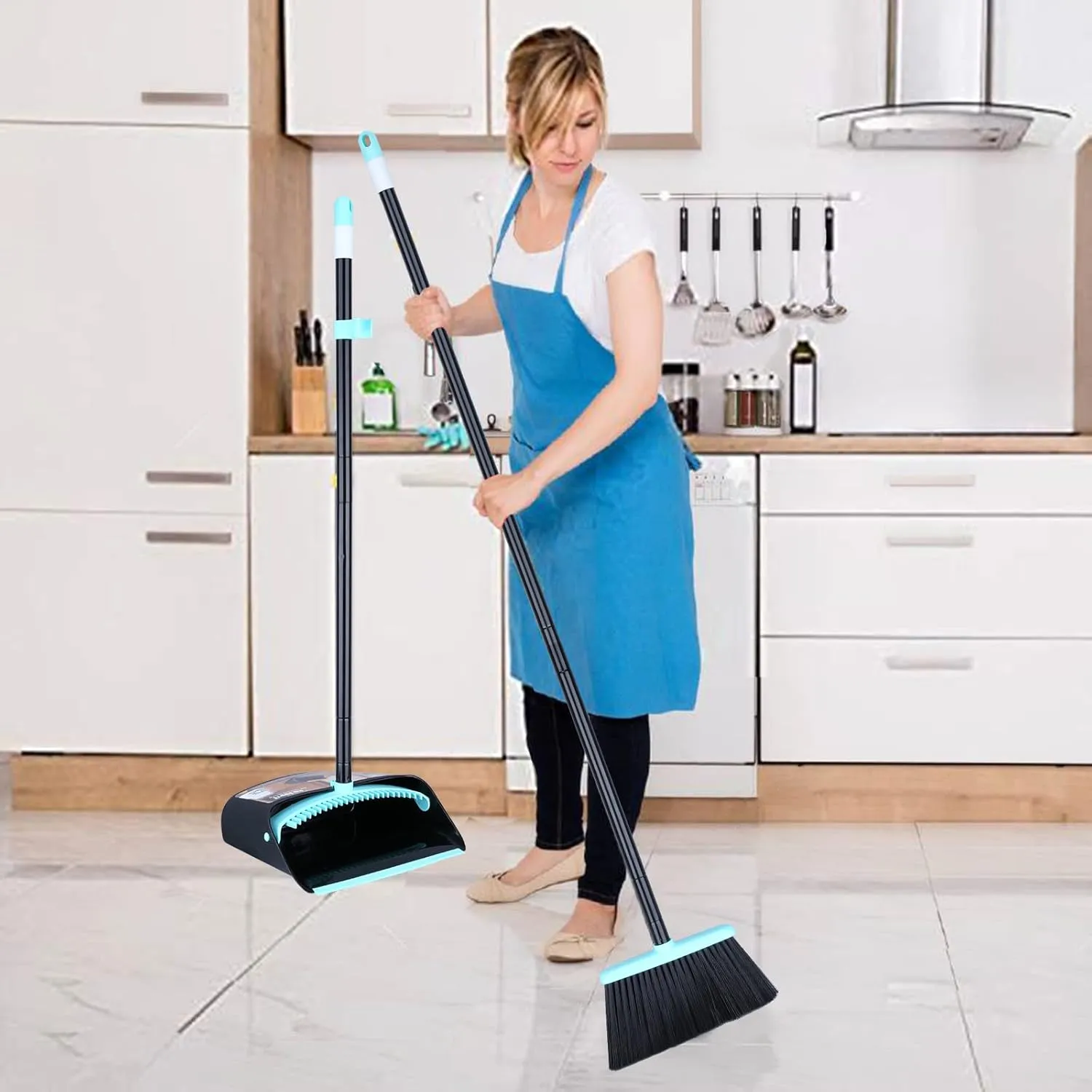 Broom with Dustpan Combo Set,Dust pan with Broom Combo Set,Standing Dustpan and Broom with 54 Long Handle for Indoor Lobby Office Kitchen Sweeping