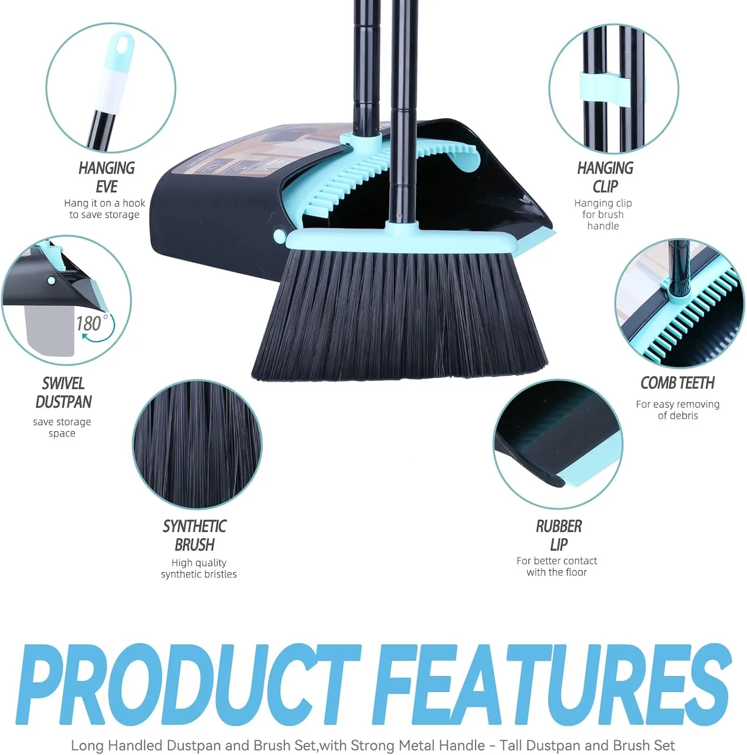 Broom with Dustpan Combo Set,Dust pan with Broom Combo Set,Standing Dustpan and Broom with 54 Long Handle for Indoor Lobby Office Kitchen Sweeping