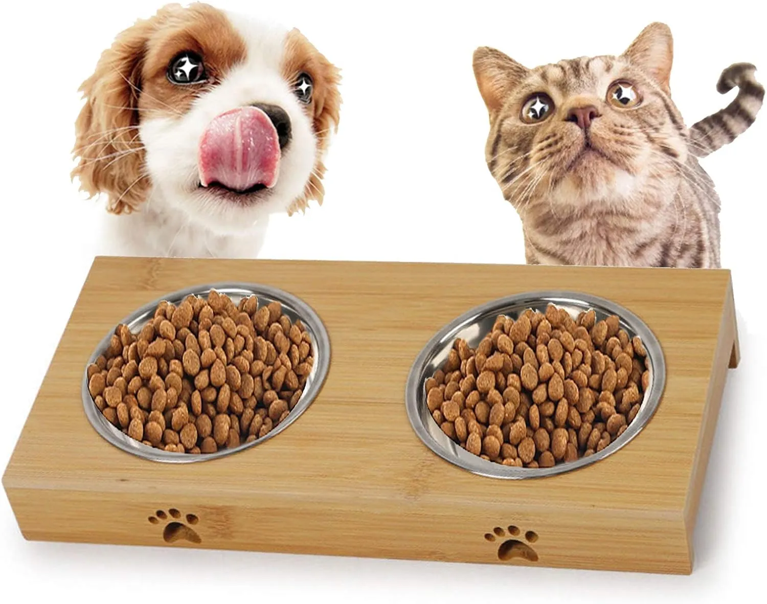 Cat Bowls,Elevated Bamboo Cat&Puppy Bowl for Food and Water,Raised Dog&Cat Feeder with Bamboo Stand with Stainless Steel/Ceramic Bowls,Cat Dishes Feeding Bowls,Anti-Slip Tilted Station