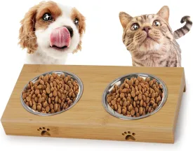 Cat Bowls,Elevated Bamboo Cat&Puppy Bowl for Food and Water,Raised Dog&Cat Feeder with Bamboo Stand with Stainless Steel/Ceramic Bowls,Cat Dishes Feeding Bowls,Anti-Slip Tilted Station
