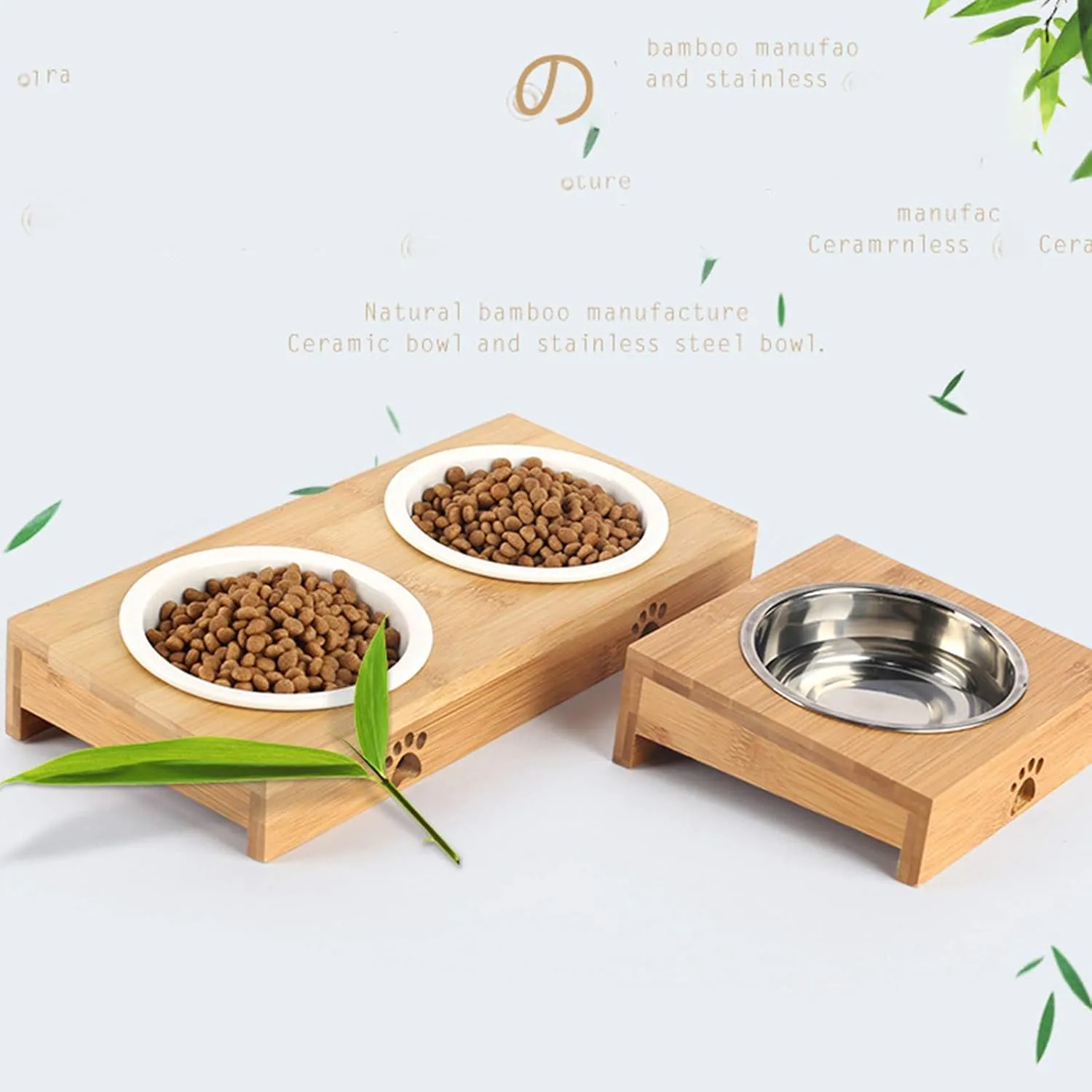 Cat Bowls,Elevated Bamboo Cat&Puppy Bowl for Food and Water,Raised Dog&Cat Feeder with Bamboo Stand with Stainless Steel/Ceramic Bowls,Cat Dishes Feeding Bowls,Anti-Slip Tilted Station