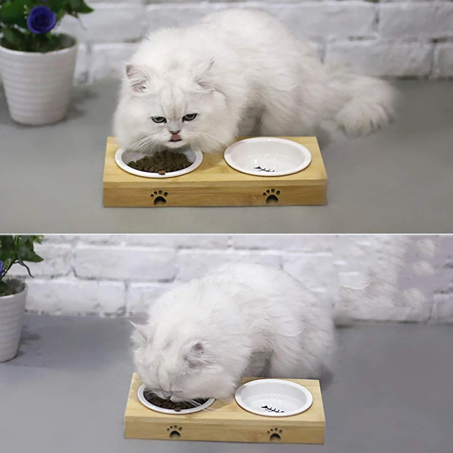 Cat Bowls,Elevated Bamboo Cat&Puppy Bowl for Food and Water,Raised Dog&Cat Feeder with Bamboo Stand with Stainless Steel/Ceramic Bowls,Cat Dishes Feeding Bowls,Anti-Slip Tilted Station