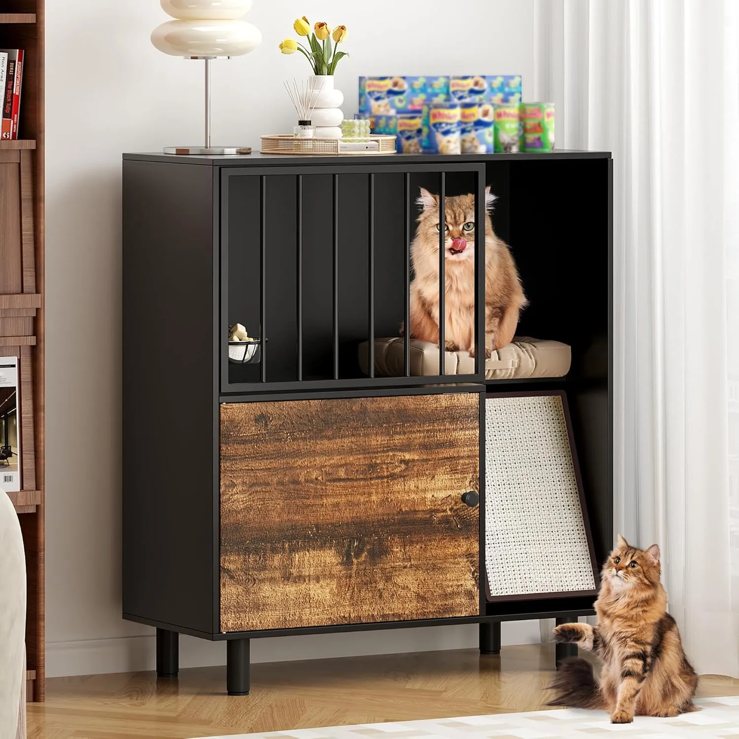 Cat Feeding Station, Dog Proof Cat Feeding Station with Scratching Board, Elevated Food Bowls with Stand, Pet Food Storage with 2 Stainless Steel Bowls, Large Pet House