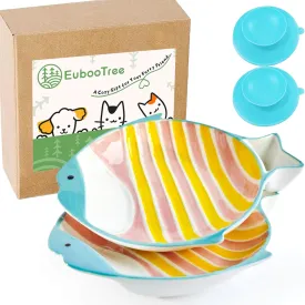 Ceramic Cat Food Bowl Set, Shallow Wide Flat, Whisker Friendly, Nonslip, Cute Fish Cat Bowl for Dry and Wet Food, for Indoor Cats, Pink/Yellow, 2 Pack