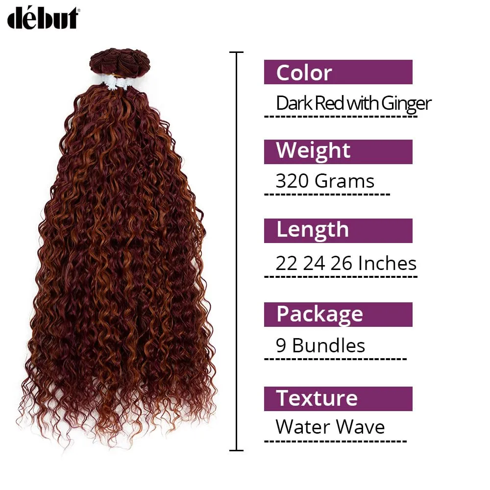 DBUT Water Wave 9 Bundles Synthetic Hair Weave Curly Hair High Temperature Fiber Bio Protein Hair 9pcs 22 24 26 Inch 320g for Full Head Highlight Dark Red with Ginger