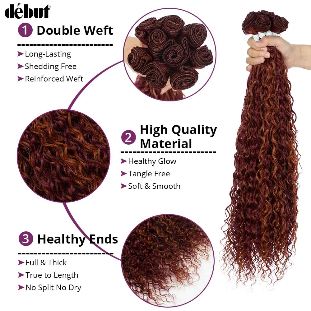 DBUT Water Wave 9 Bundles Synthetic Hair Weave Curly Hair High Temperature Fiber Bio Protein Hair 9pcs 22 24 26 Inch 320g for Full Head Highlight Dark Red with Ginger