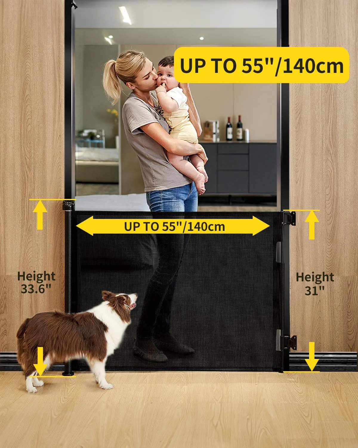 DEAR LOV Retractable Baby Gate, Mesh Baby Gate or Mesh Dog Gate, 33" Tall, Extends up to 55" Wide, Child Safety Gate for Doorways, Stairs, Hallways, Indoor/Outdoor (33"x55",Black)