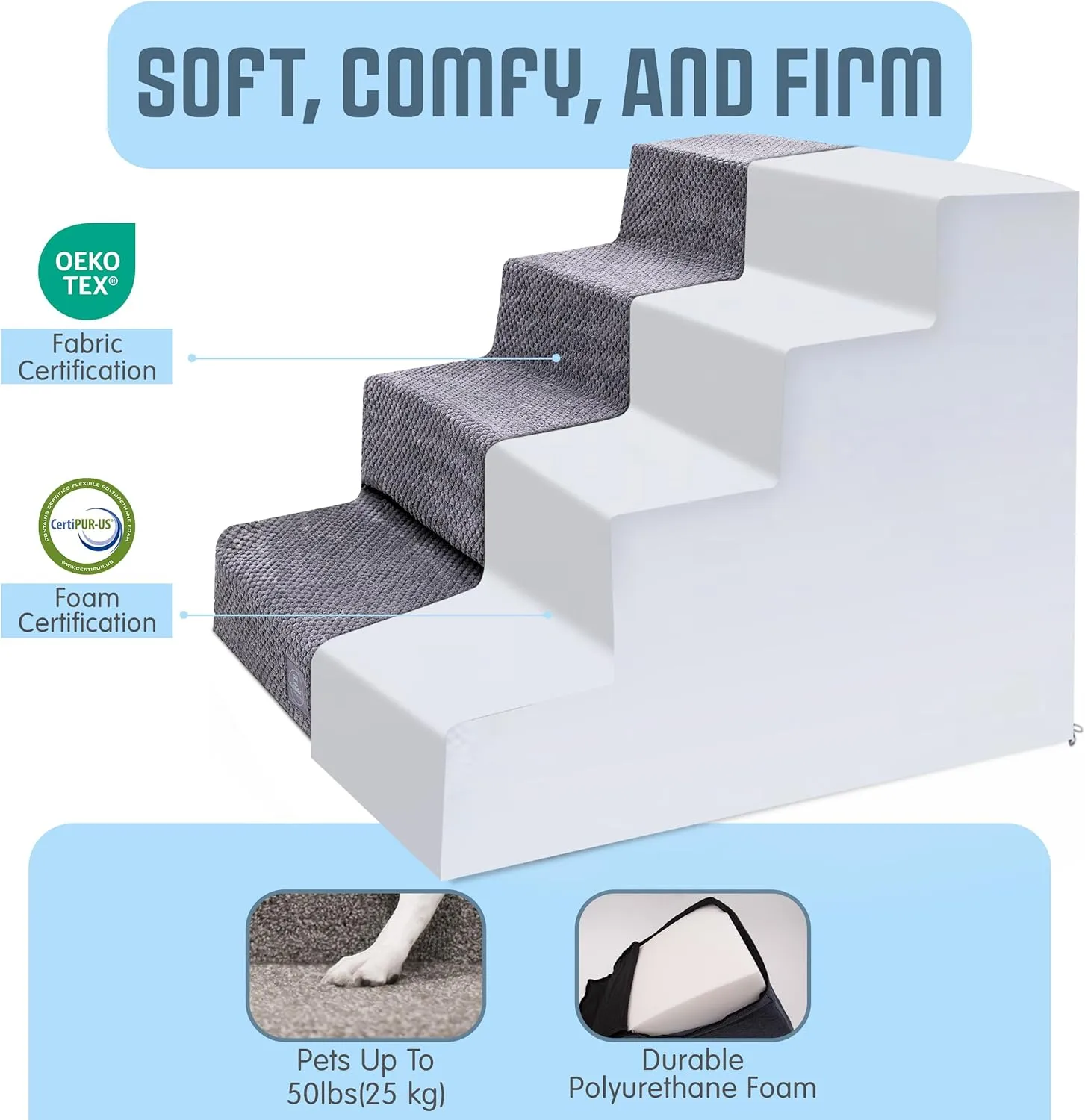 Dog Stairs for Small Dogs 17" H, Convertible 4 to 3 Steps Dog Steps for Bed and Couch, Small Dogs and Cats Bed, Pet Ramp for Bed, Washable Cover, Non-Slip, Grey
