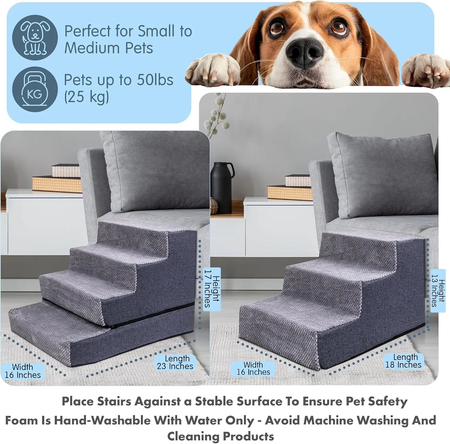 Dog Stairs for Small Dogs 17" H, Convertible 4 to 3 Steps Dog Steps for Bed and Couch, Small Dogs and Cats Bed, Pet Ramp for Bed, Washable Cover, Non-Slip, Grey