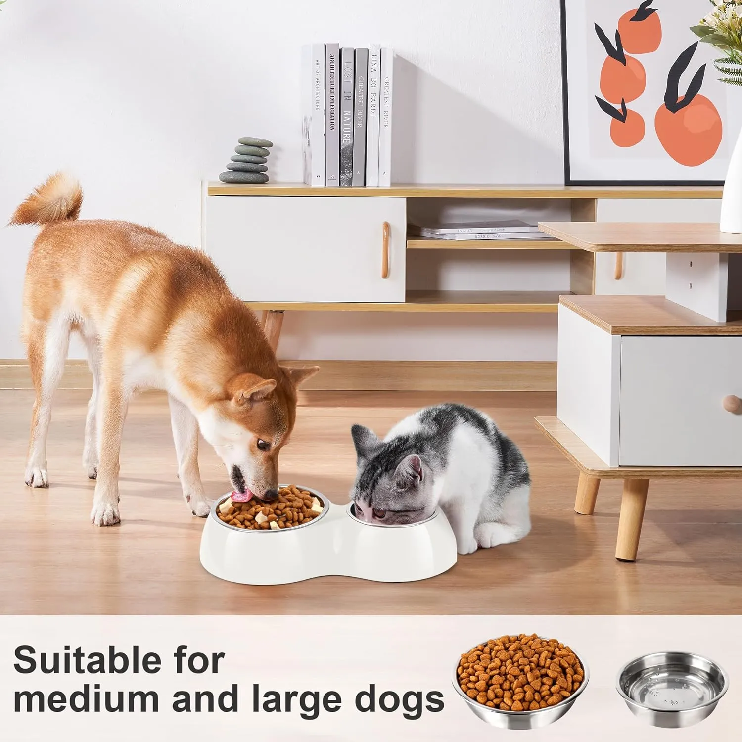 Double Dog Bowls Set  Non-Slip Pet Food & Water Dishes with Resin Stand, Includes Small (6.9 oz) & Medium (13.9 oz) Bowls  Ideal for Puppies, Cats, and Medium Dogs  White