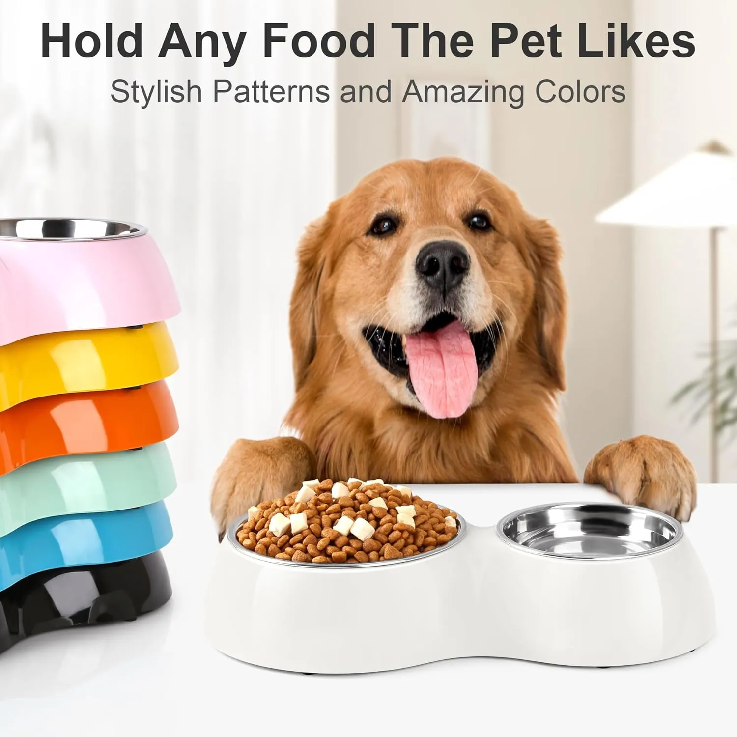 Double Dog Bowls Set  Non-Slip Pet Food & Water Dishes with Resin Stand, Includes Small (6.9 oz) & Medium (13.9 oz) Bowls  Ideal for Puppies, Cats, and Medium Dogs  White