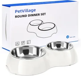 Double Dog Bowls Set  Non-Slip Pet Food & Water Dishes with Resin Stand, Includes Small (6.9 oz) & Medium (13.9 oz) Bowls  Ideal for Puppies, Cats, and Medium Dogs  White