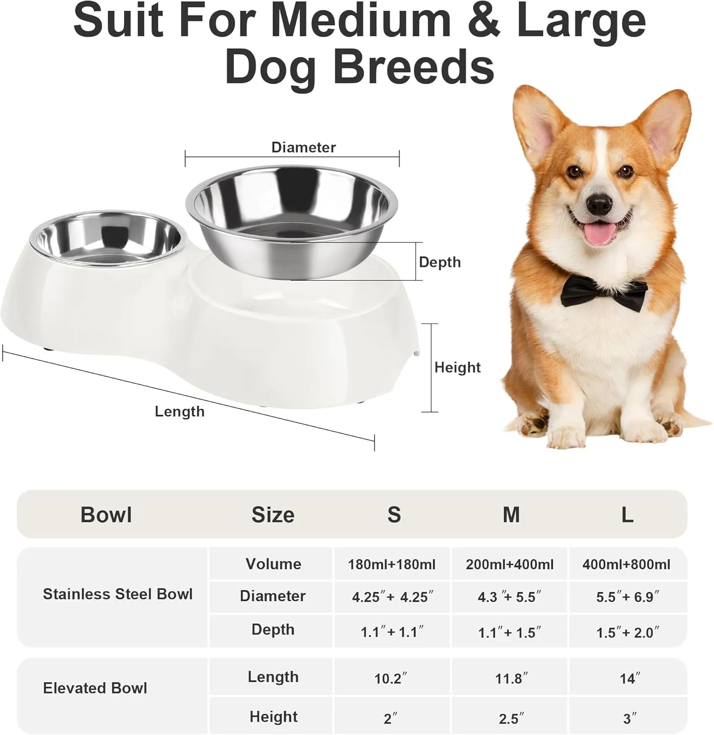 Double Dog Bowls Set  Non-Slip Pet Food & Water Dishes with Resin Stand, Includes Small (6.9 oz) & Medium (13.9 oz) Bowls  Ideal for Puppies, Cats, and Medium Dogs  White