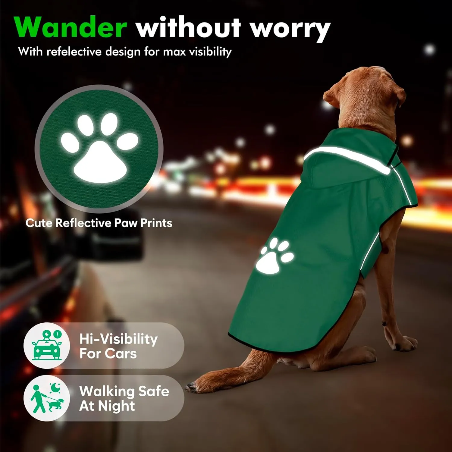 DQGHQME Dog Raincoat, Medium Dogs, Green, Waterproof, Reflective, Polyester, All Seasons, Machine Wash, Medium Breeds