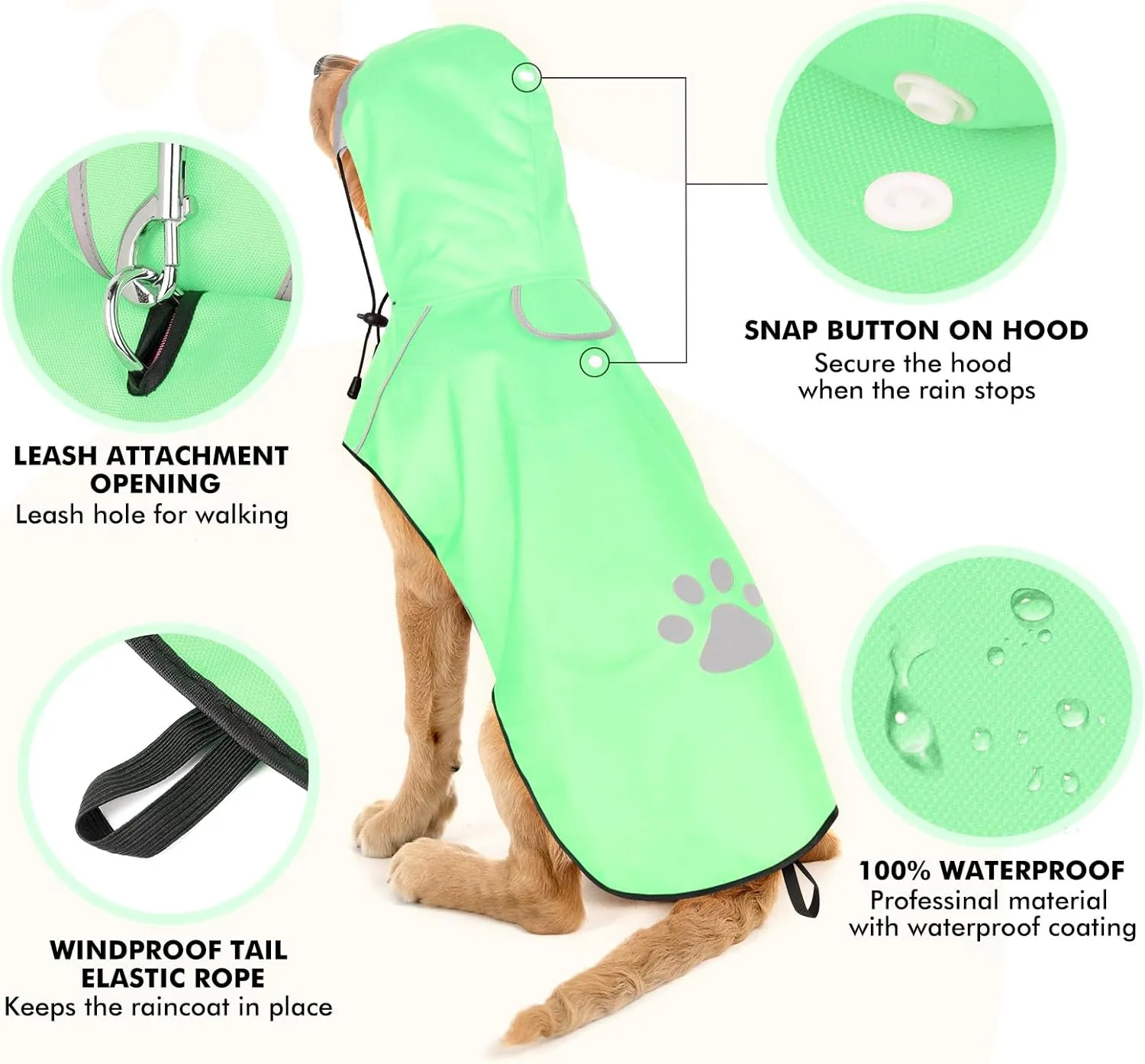 DQGHQME Dog Raincoat, Medium Dogs, Green, Waterproof, Reflective, Polyester, All Seasons, Machine Wash, Medium Breeds