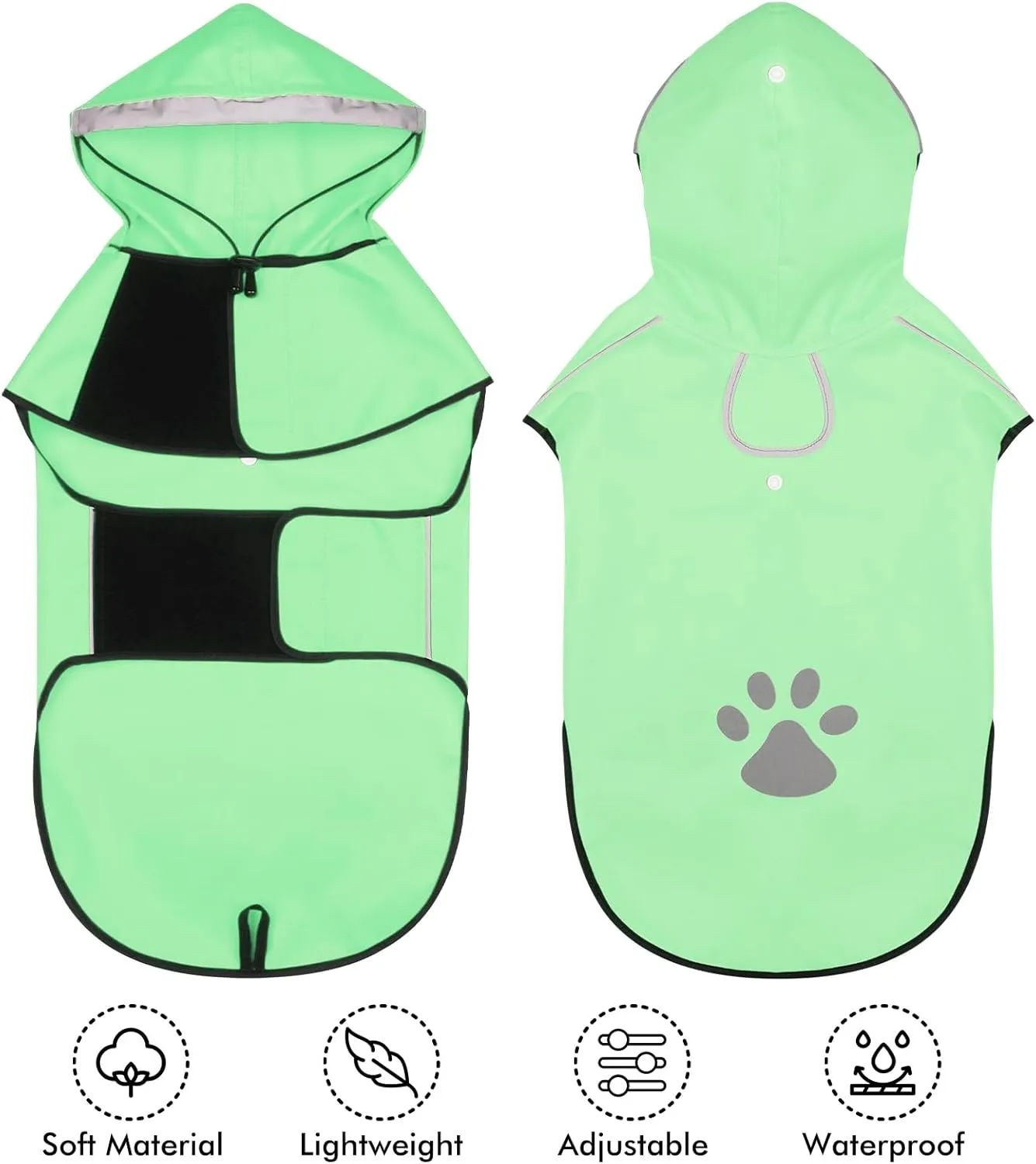 DQGHQME Dog Raincoat, Medium Dogs, Green, Waterproof, Reflective, Polyester, All Seasons, Machine Wash, Medium Breeds