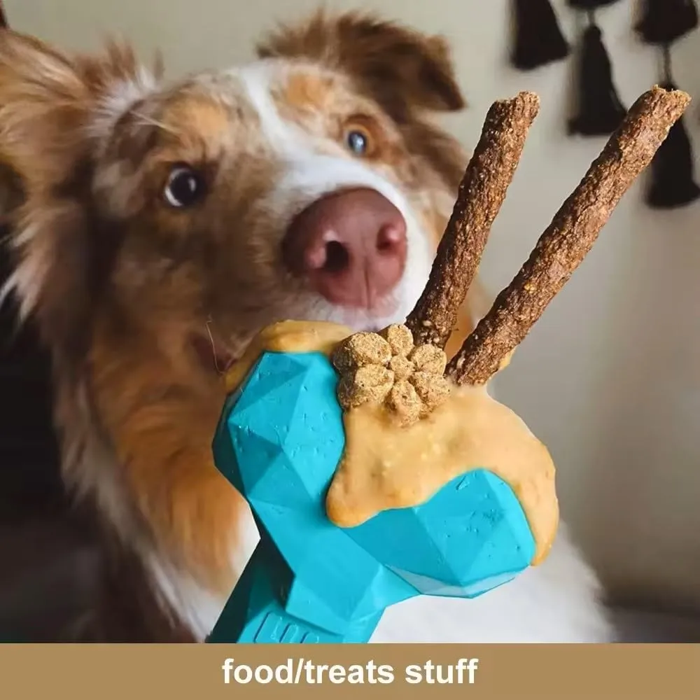 Durable Dog Chew Toy, Lick mat for Dog Treats and Peanut Butter Squeeze Pouches, Small Dog All Natural Rubber Dog Bone. (Aqua, Small Dog)