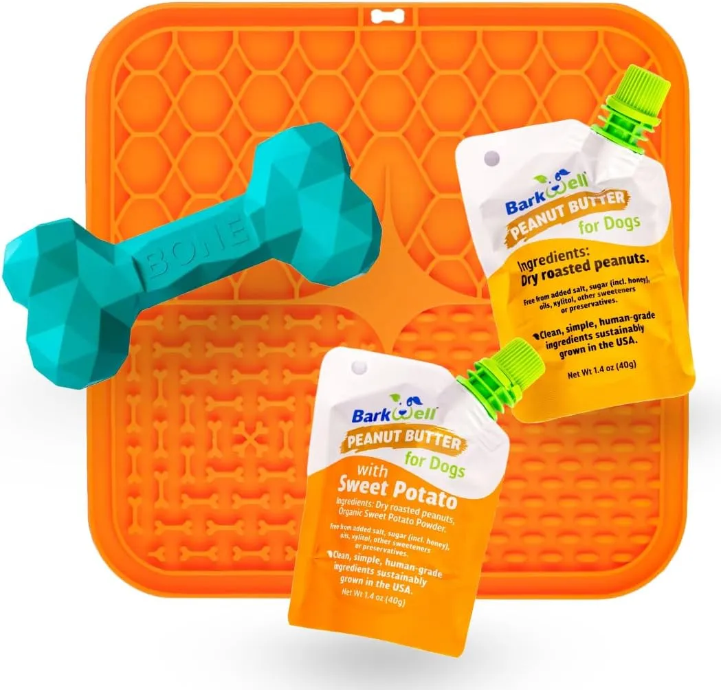 Durable Dog Chew Toy, Lick mat for Dog Treats and Peanut Butter Squeeze Pouches, Small Dog All Natural Rubber Dog Bone. (Aqua, Small Dog)