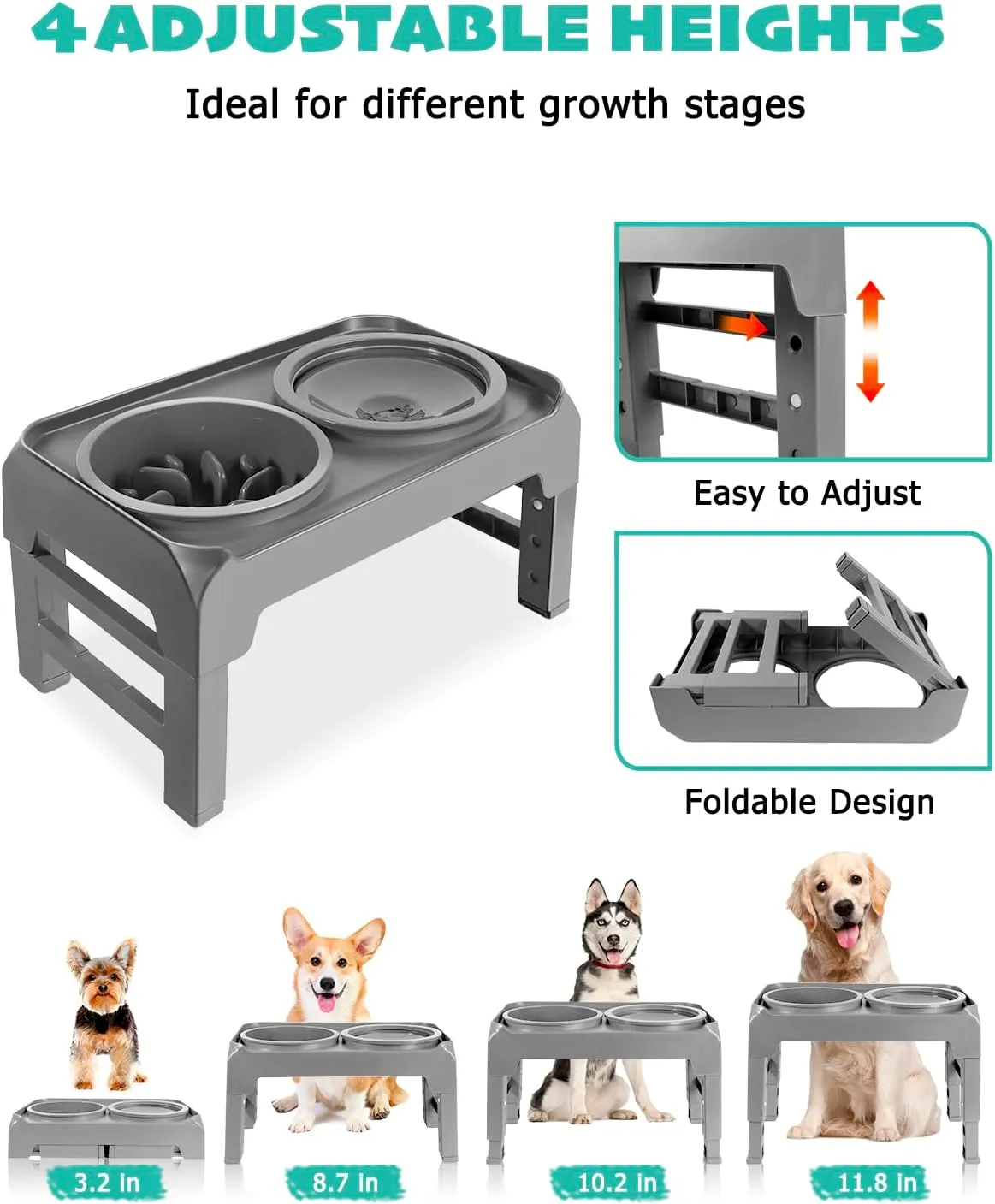 Elevated Dog Bowls, Slow Feeder & No Spill Water Bowl Stand, Raised Food Bowls with 4 Adjustable Heights for Small Medium Large Dogs